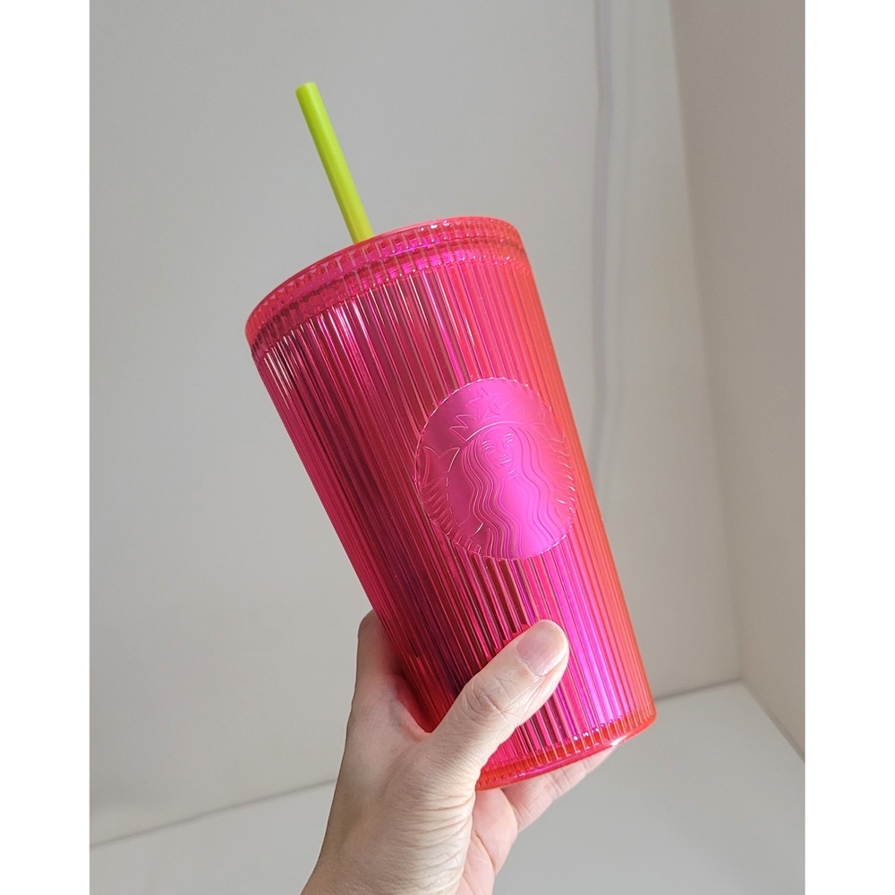 Starbucks 2023 Neon Pink Dragonfruit Striped Tumbler 16 oz Grande Cup